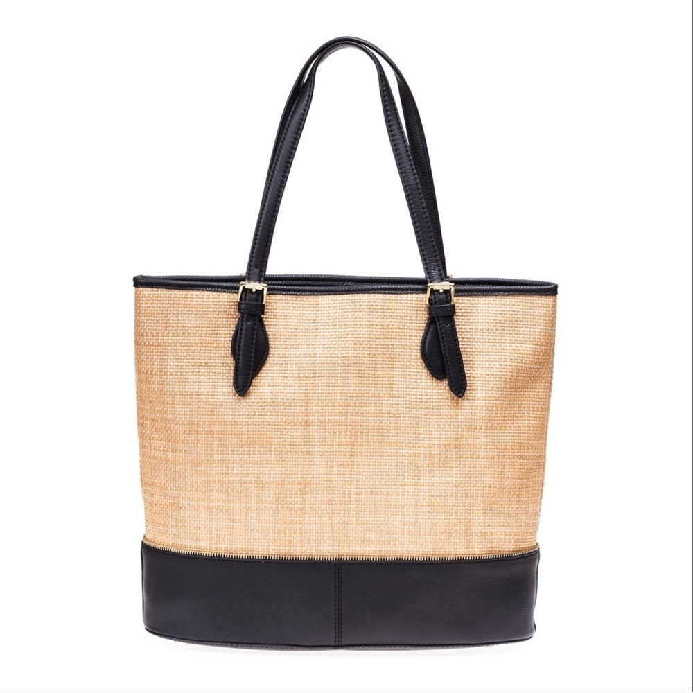 Isaac Mizrahi ‘Diana’ Straw Tote in Tan with Black Vegan Leather Trim